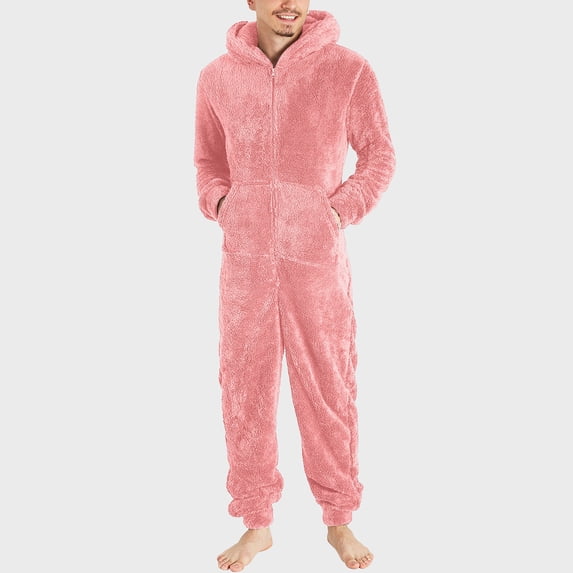 Jyeity Fashion New Arrivals Men Long Sleeve Hooded Jumpsuit Pajamas Casual Winter Warm Rompe Sleepwear One-piece leggings Gray Sweatpants Pink Size M