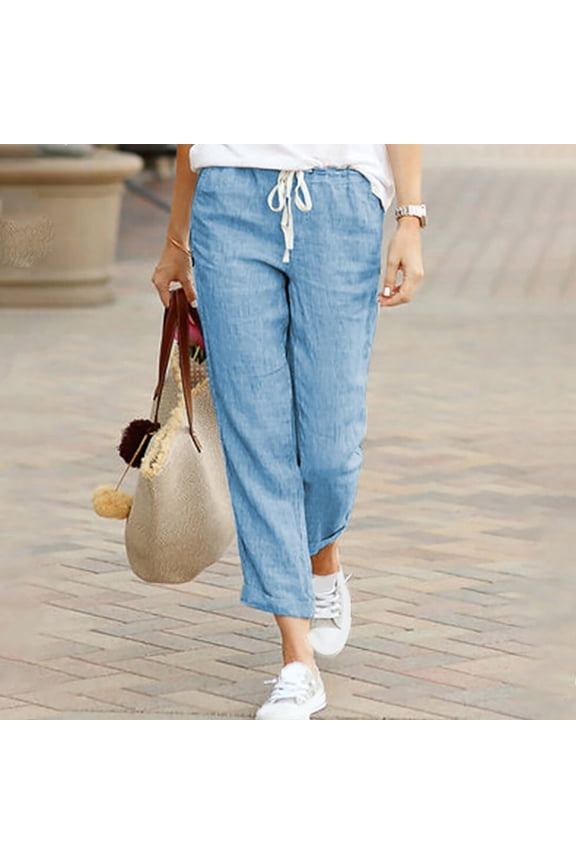 Gifts For Mom, Drawstring Elastic Waist Cotton Linen Nine-quarter Pants 90 Degree Leggings Blue Size 5XL(US:18)