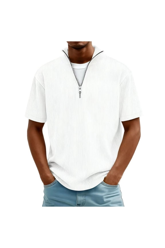 Half-Zip Mens Breathable Casual Solid Color Short Sleeve Collar Shirts Tops L