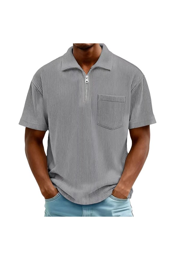 Jyeity Half-Zip Mens Casual Solid Color Breathable Short Sleeve Collar Shirts Tops S