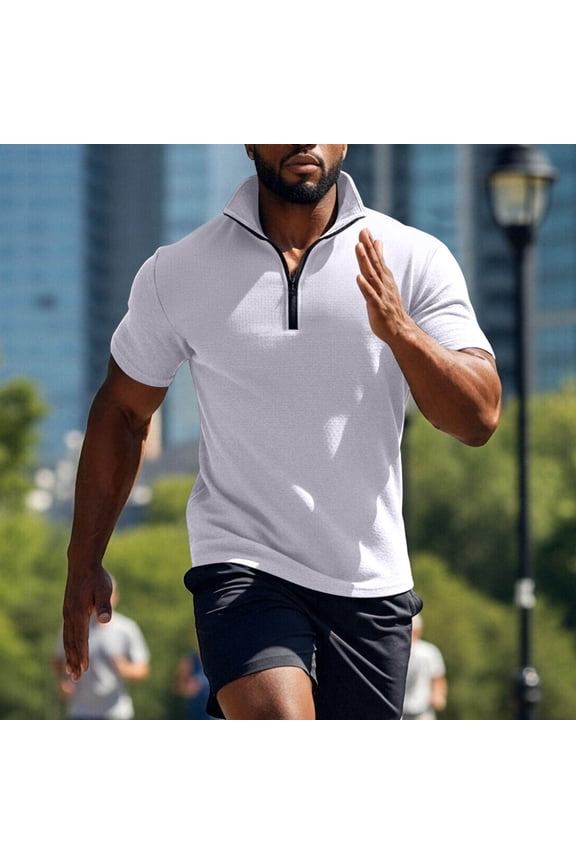 Half-Zip Mens Shirts Waffle Breathable Casual Short Sleeve Stand Collar T Shirts Tops Sporty T Shirts