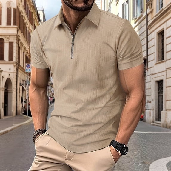 Jyeity Half-Zip Mens Solid Color Breathable Casual Short,Sleeve Collar Shirts Tops Sporty T Shirts
