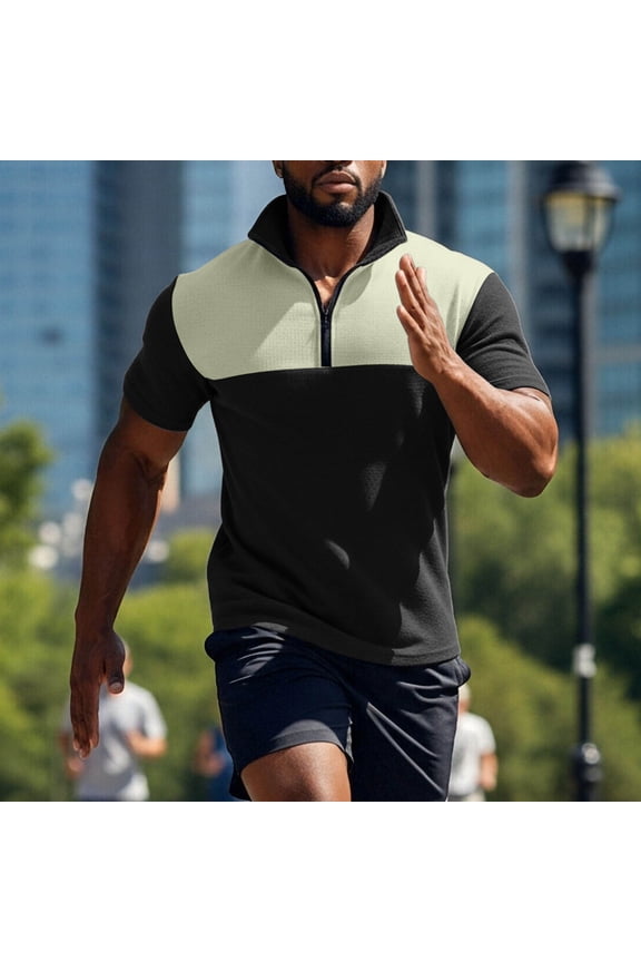 Half-Zip Mens T Shirts Color Block Waffle Breathable Short Sleeve Stand Collar Shirts Tops Sporty T Shirts