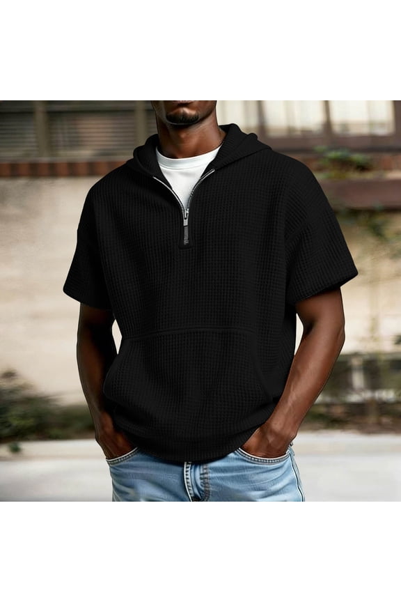 Half-Zip Mens T Shirts Hooded Breathable Casual Short Sleeve Hoodies Tops Shirts Tops XXL