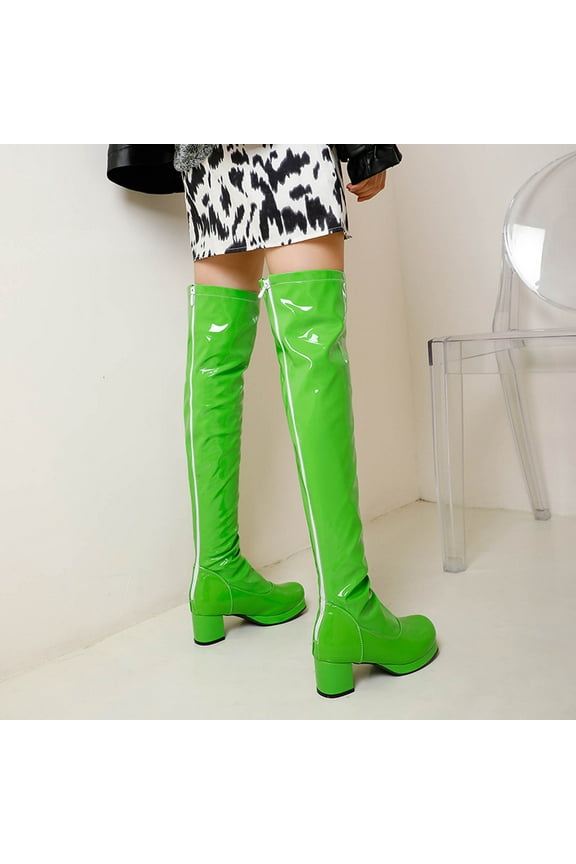 Harajuku Fashion Foreign Trade Candy Color Patent Leather Ladies Back Zipper Thick Heel Round Toe Over-the-knee Women Boots Green Size 35(US:4.5)