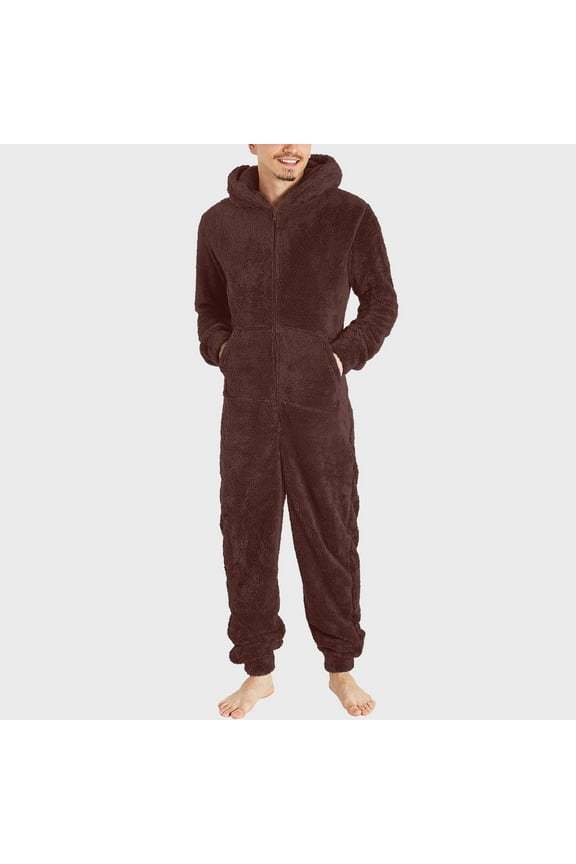 Hot Fall Cool Price Men Long Sleeve Hooded Jumpsuit Pajamas Casual Winter Warm Rompe Sleepwear One-piece leggings Sweat Pants For Men Brown Size 8