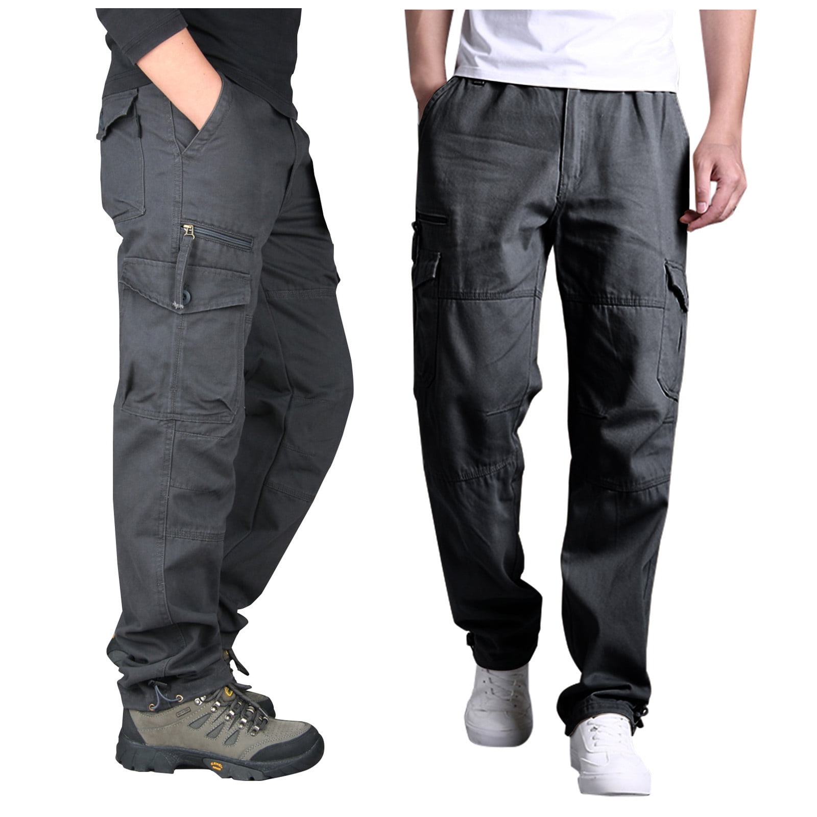 Jyeity Hot Fall Cool Price Men's Cotton Multi-pocket Elastic Waist  Wear-resistant Overalls Full Length Pants Work Pants For Men  Gray Size 10 