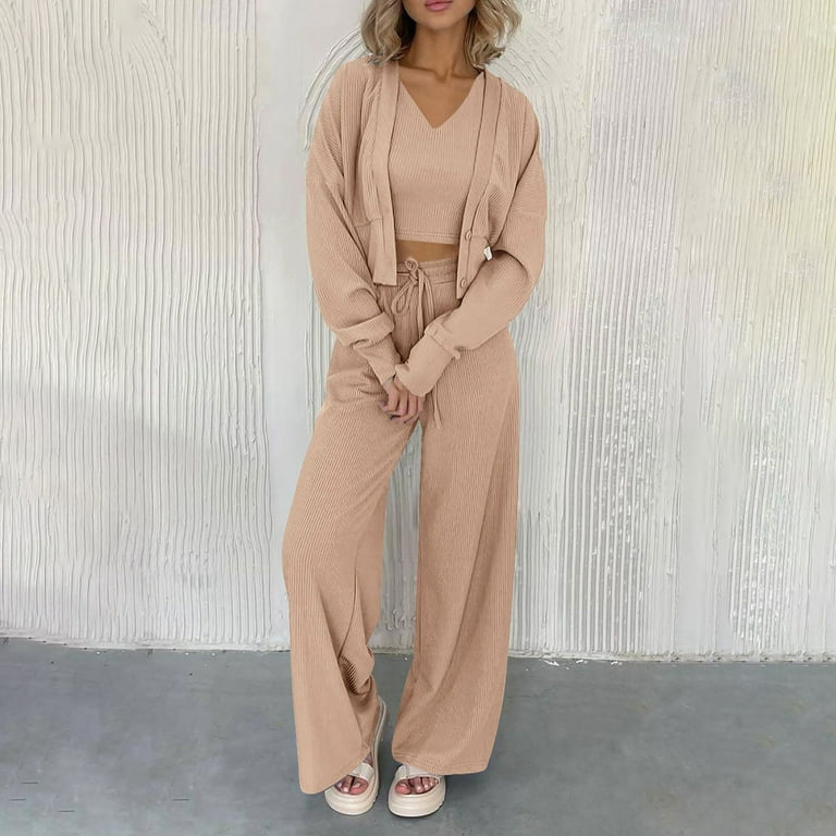 Jyeity Lots Of Styles And Prints Fall s Fall Track Suits 3 Piece Outfits  Matching Sets Ribbed Knit Cardigan Cropped Tank Tops Wide Leg Pants tob  womens 3 piece bodysuits Khaki Size