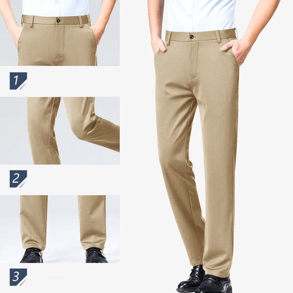 Jyeity Men Pants Stretchable with Pockets Casual Suit Pants Button Elastic Waist Loose Straight Leg Pants L