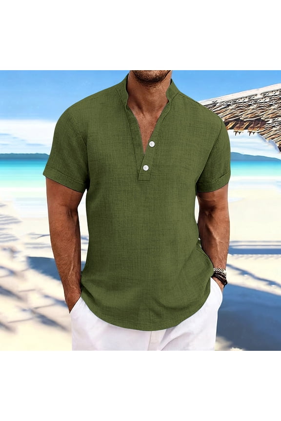 Mens Breathable Casual Linen Short Sleeve Crewneck Shirts Tops L