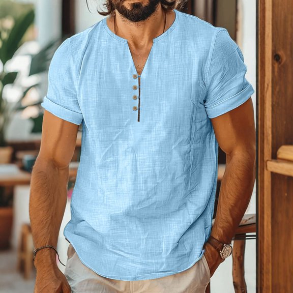 Jyeity Mens Breathable Casual Linen Short Sleeve V-Neck Shirts Tops S