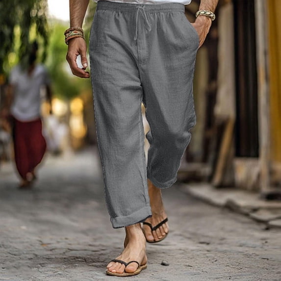 Jyeity Mens Pants Breathable Drawstring Fashion Straight Leg Elastic Waist Loose with Pockets Linen Pants XL