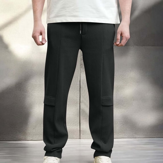Jyeity Mens Pants Corduroy Drawstring Fashion Straight Leg Elastic Waist Loose with Pockets Black Pants L
