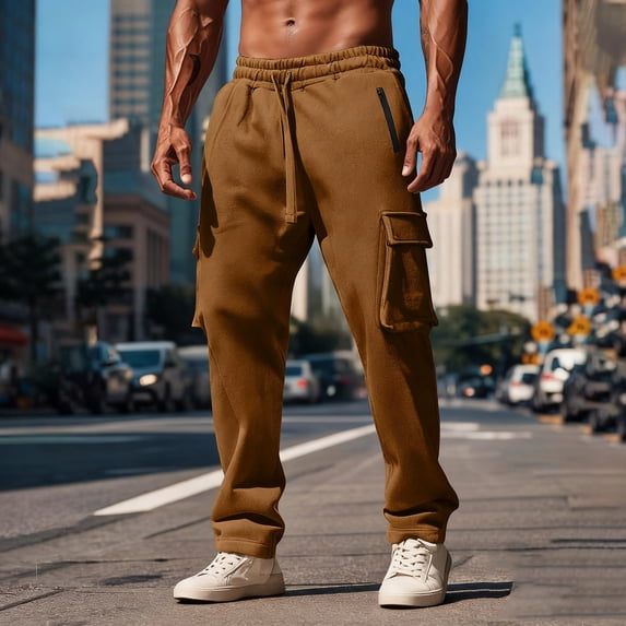 Jyeity Mens Pants Drawstring Fashion Cargo Pants Elastic Waist Loose Zipper Pockets Pants 3XL