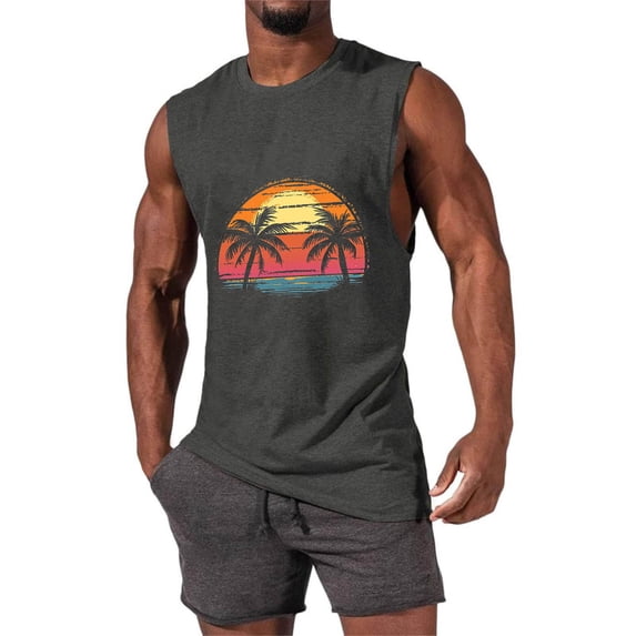 Jyeity Mens Print Sleeveless Tank Tops, Crew Neck Retro Beach Sunset Palm Breathable Athletic Tank