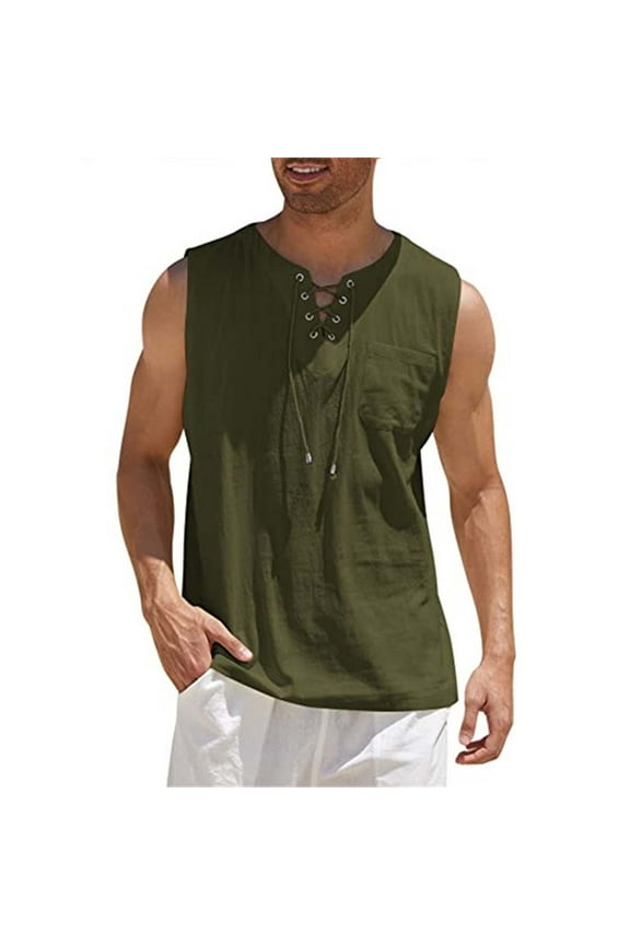 Mens Tank Top Linen Breathable V-Neck Tank Top with Pockets Solid Color Loose Tank Tops
