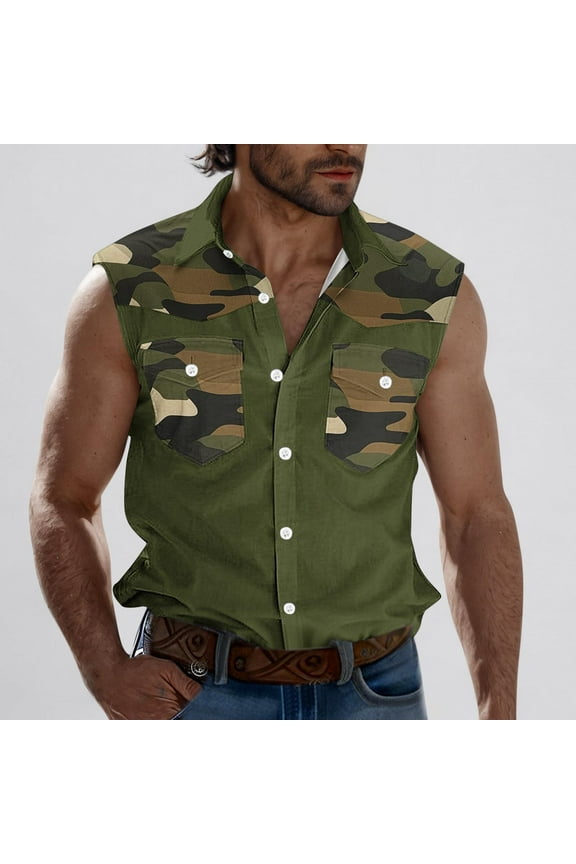 Mens Tank Top Patchwork Breathable Tank Top with Pockets Collar Casual Tank Tops