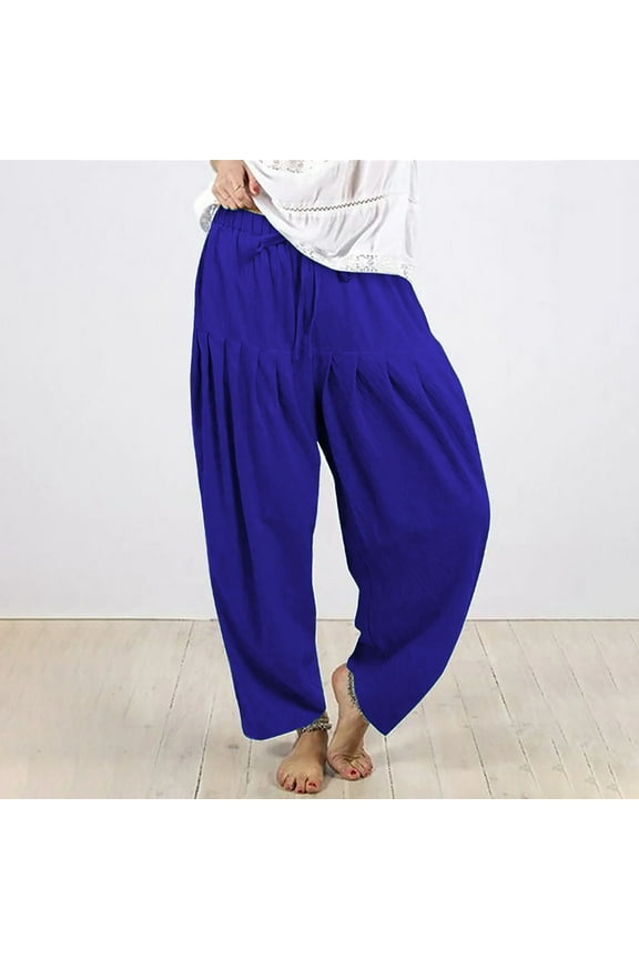Millennium Fashion, Solid Color Plus Size Cotton And Linen Pants Loose Trousers Workout Leggings Blue Size 4XL(US:16)