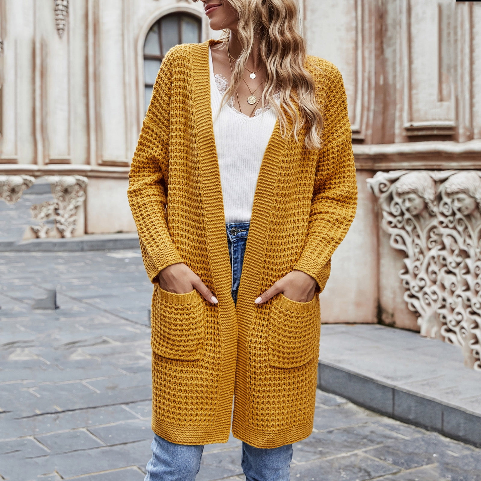 Jyeity Office Approved Solid Pockets Long Sleeve Cardigan Cardigan
