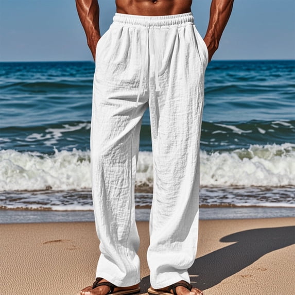 Jyeity Pants for Men Comfortable Elastic Waist Drawstring, High Waist with Pockets Linen Pants