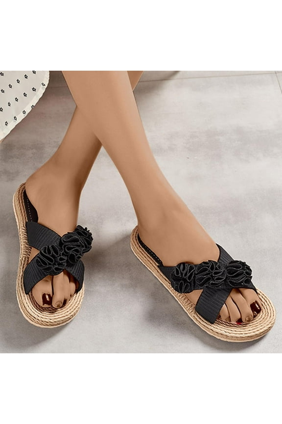 Slippers For Woman Anti-Slip Womens Slippers Round Toe Floral Fashion Slippers Black Casual