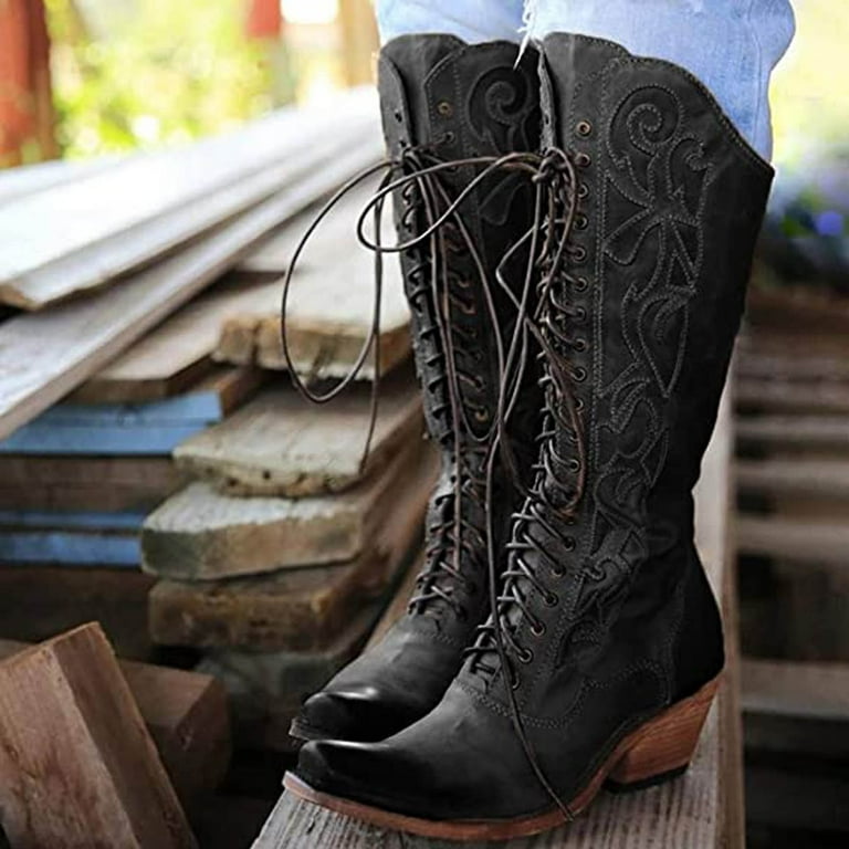 Jyeity Womens Plus Size Winter Fashion 2023 Large Size Thick Heel Solid Color Stitched Square Toe Front Lace up High Rhinestone Cowboy Boots Black