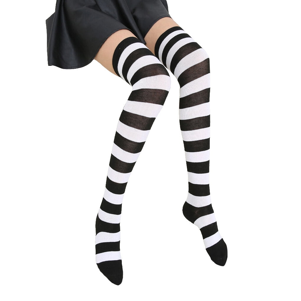 Jygee Pack of 2 Striped Plus Size Thigh High Socks Breathability Unique  Flexible Fad Appearance Non Slip Hose Sock Boots Stockings black white 