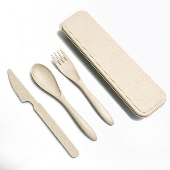 Jygee Wheat Straw Tableware Set Portable Reusable Solid Color Flatware Kit Indoor Outdoor Home Camping Dinnerware with Storage Case Beige