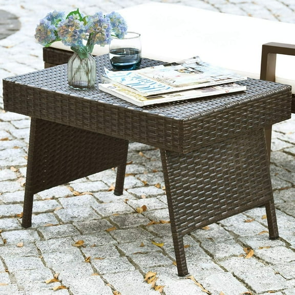 Jylp Espresso Brown Foldable Wicker Table 24 Inch Outdoor Patio Side Table Portable Bistro Coffee Table For Poolside Garden Lawn