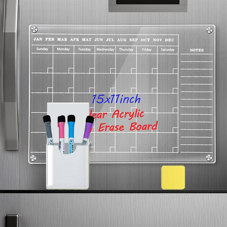 PloutoRich Magnetic Wet Wipe Calendar Board for Refrigerator, Acrylic Clear  Magnetic Calendar Board for Fridge, Reusable Calendar with Markers Cloth  Pens Holder,17x12 