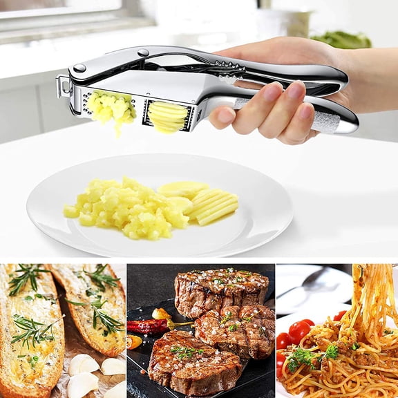 Jytue 2 in 1 Garlic Press Slicer Chopper Stainless Steel Garlic Mincer Dual Function Garlic Crusher Handheld Garlic Squeezer Tool with Anti-Slip Handle for Home Kitchen