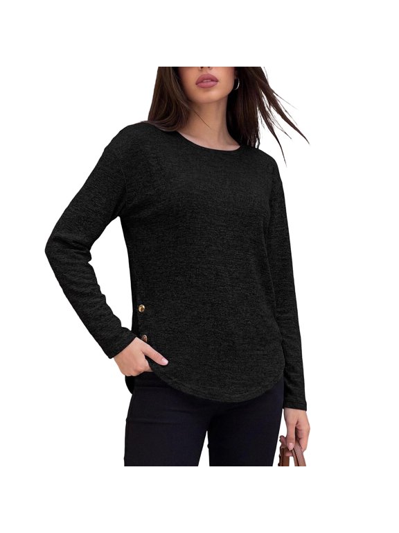 Womens Long Sleeve Shirts Crewneck Solid Color Side Slit Button Blouses Curved Hem Tunic Top Fall Winter Clothes