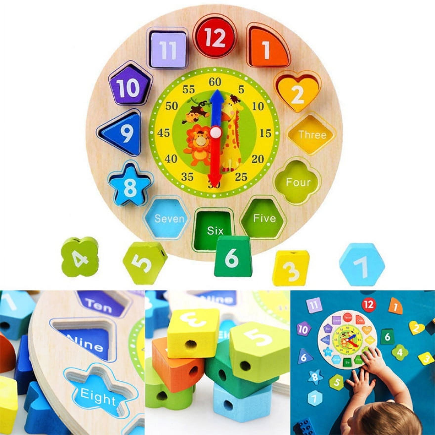 Jzenzero 1 Pcs Clock Toy Numbers Shapes Sorting Blocks Wooden