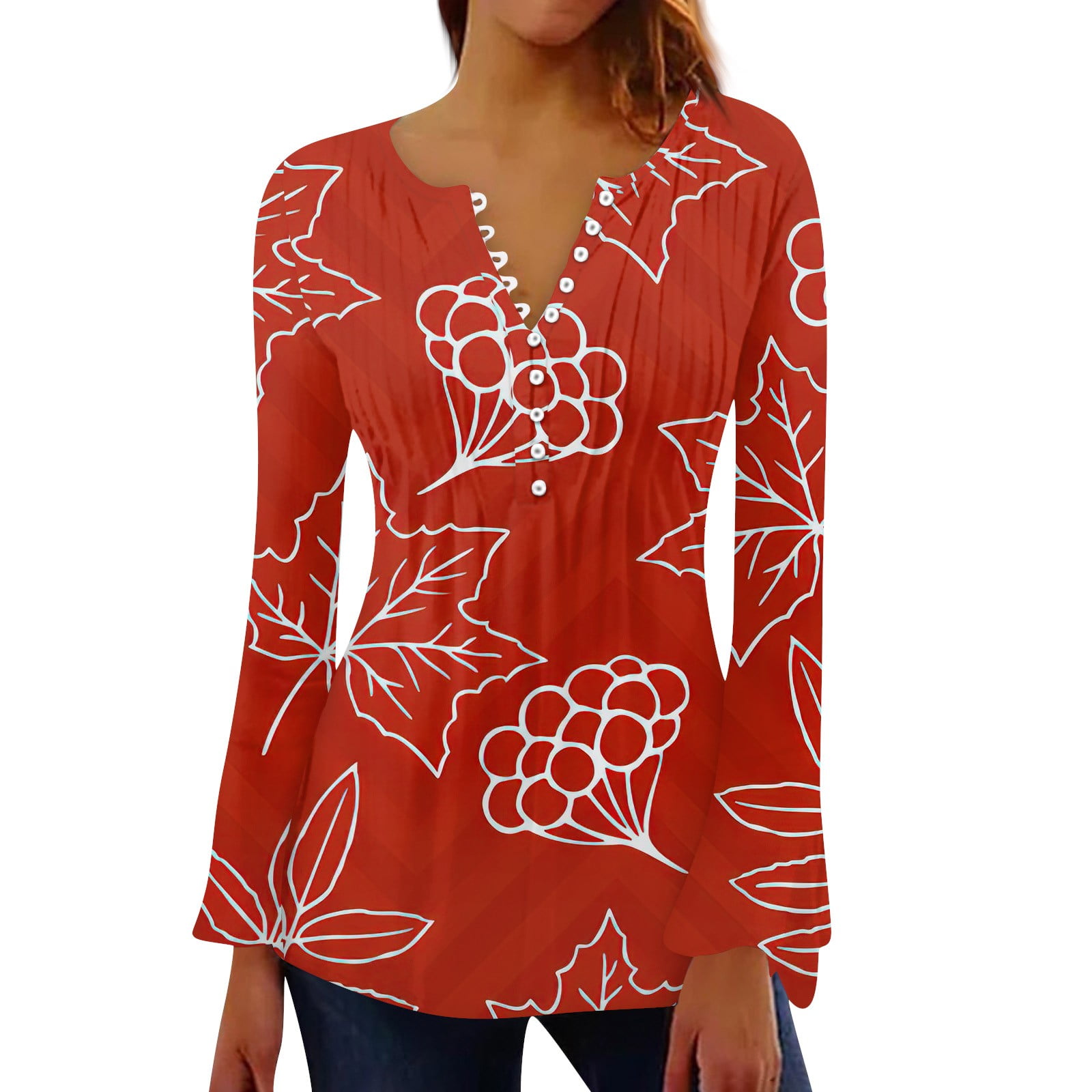 Jzuxvd 3/4 Sleeve Shirts for Women Bell V Neck Graphic T Shirts Button