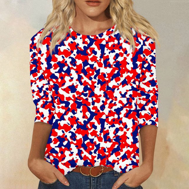 Jzuxvd 4th of July Clothes Women's 3/4 Sleeve Tops Flag Print Crewneck