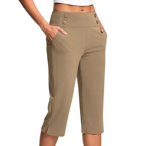 YDDIAN Capris for Women Plus Size Summer High Waisted Casual Crop Office Work Pants Stretch Wide Leg Capri Pants Slacks Yoga Dress Pants with Pockets Khaki XXL