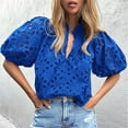 thumbnail image 1 of Jzuxvd Eyelet Tops for Women Summer Tops, Eyelet Blouse for Women Hollow Out Lace Top Embroidered Blouses, V Neck Button Puff Sleeve Blue M, 1 of 5