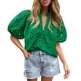 thumbnail image 1 of Jzuxvd Eyelet Tops for Women Summer Tops, Eyelet Blouse for Women Hollow Out Lace Top Embroidered Blouses, V Neck Button Puff Sleeve Dark Green S, 1 of 5