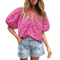 thumbnail image 1 of Jzuxvd Eyelet Tops for Women Summer Tops, Eyelet Blouse for Women Hollow Out Lace Top Embroidered Blouses, V Neck Button Puff Sleeve Hot Pink M, 1 of 5