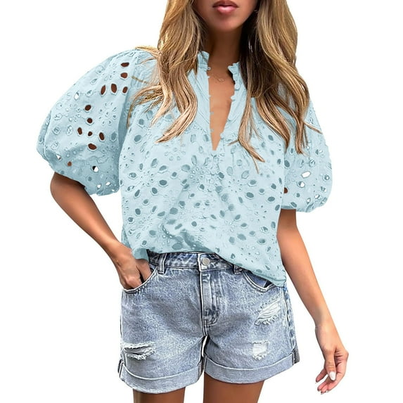 Jzuxvd Eyelet Tops for Women Summer Tops, Eyelet Blouse for Women Hollow Out Lace Top Embroidered Blouses, V Neck Button Puff Sleeve Light Blue L