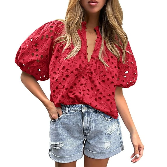 Jzuxvd Eyelet Tops for Women Summer Tops, Eyelet Blouse for Women Hollow Out Lace Top Embroidered Blouses, V Neck Button Puff Sleeve Red M