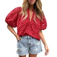 thumbnail image 1 of Jzuxvd Eyelet Tops for Women Summer Tops, Eyelet Blouse for Women Hollow Out Lace Top Embroidered Blouses, V Neck Button Puff Sleeve Red S, 1 of 5