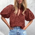 thumbnail image 1 of Jzuxvd Eyelet Tops for Women Summer Tops, Eyelet Blouse for Women Hollow Out Lace Top Embroidered Blouses, V Neck Button Puff Sleeve Wine XL, 1 of 5
