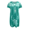 thumbnail image 1 of Jzuxvd Mexican Dress for Women Short Sleeve Floral Embroidered Fiesta Dress Loose Linen Peasant Dresses Cyan M, 1 of 3