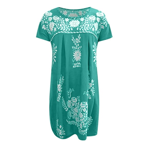 Jzuxvd Mexican Dress for Women Short Sleeve Floral Embroidered Fiesta Dress Loose Linen Peasant Dresses Cyan S