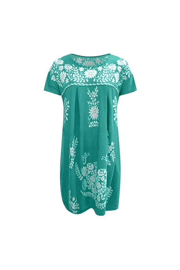 Mexican Dress for Women Short Sleeve Floral Embroidered Fiesta Dress Loose Linen Peasant Dresses Cyan XXL