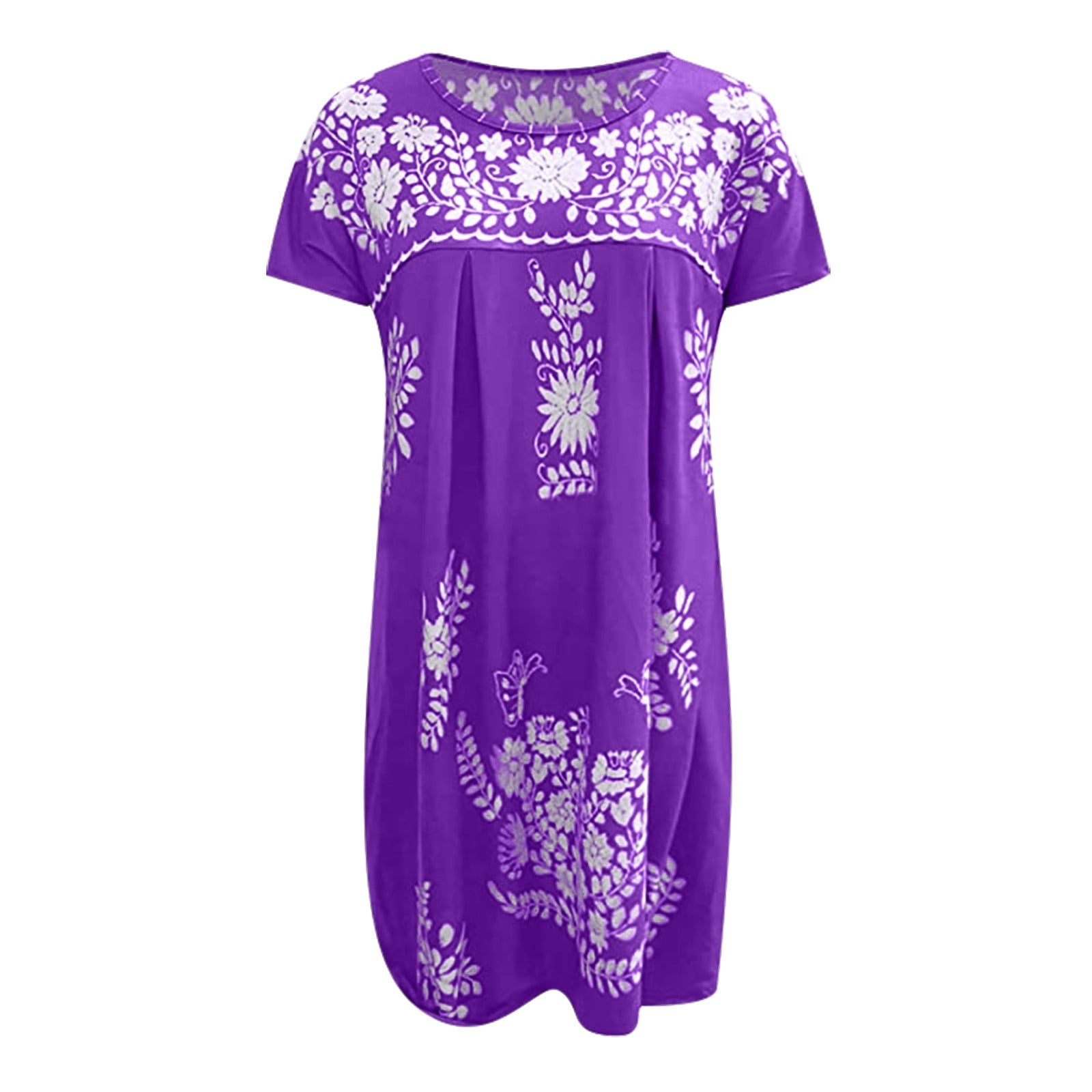 Jzuxvd Mexican Dress for Women Short Sleeve Floral Embroidered Fiesta Dress Loose Linen Peasant