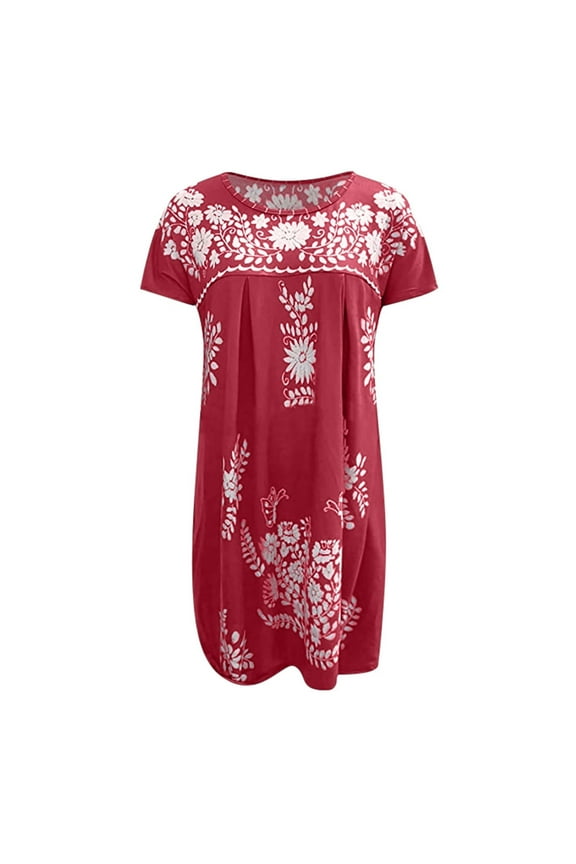 Mexican Dress for Women Short Sleeve Floral Embroidered Fiesta Dress Loose Linen Peasant Dresses Red XXL