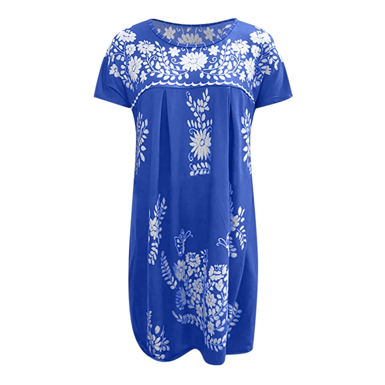 Jzuxvd Mexican Dress for Women Short Sleeve Floral Embroidered Fiesta Dress Loose Linen Peasant Dresses Royal Blue M