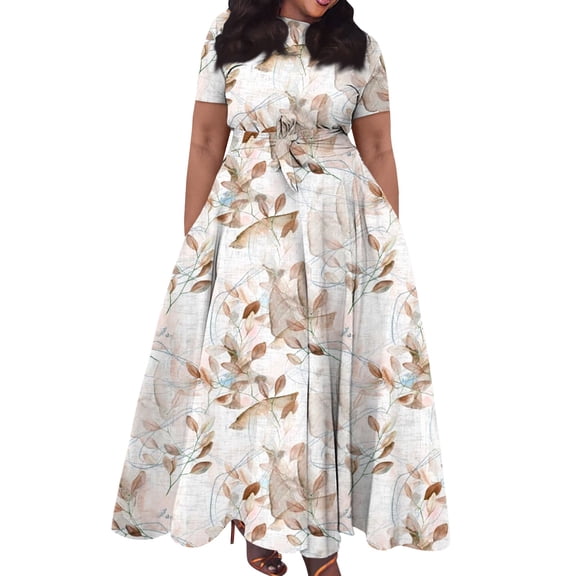 Jzuxvd Short Sleeve Maxi Dress Casual Plus Size Crewneck Long Dress Elegant Formal A Line Smocked Flowy Party Dress Beige 5XL